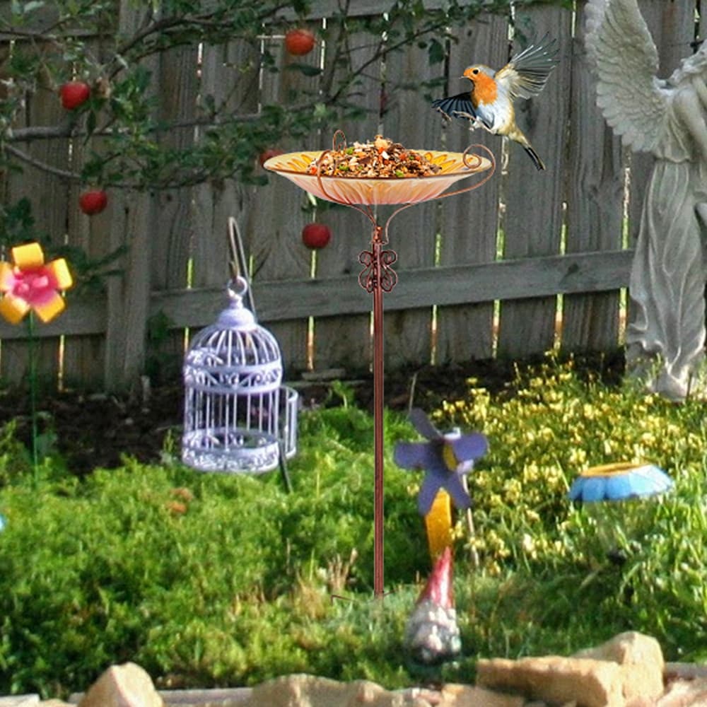 Hohes Vogelbad aus Glas, Vogelfutterspender mit Metallpfahl, für Garten, Hof, Außenbereich