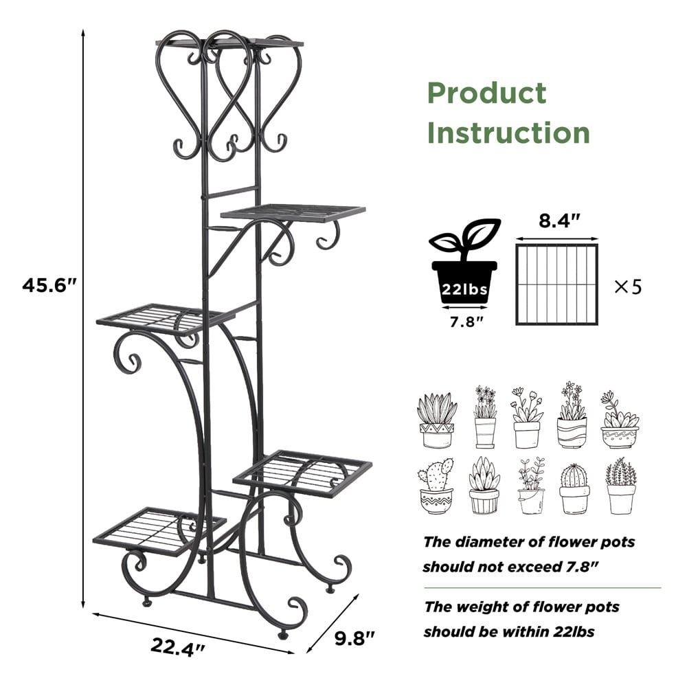 Hoher Pflanzenständer, 5-stufiges Pflanzenregal aus Eisen, Garten-Display-Rack für drinnen und draußen