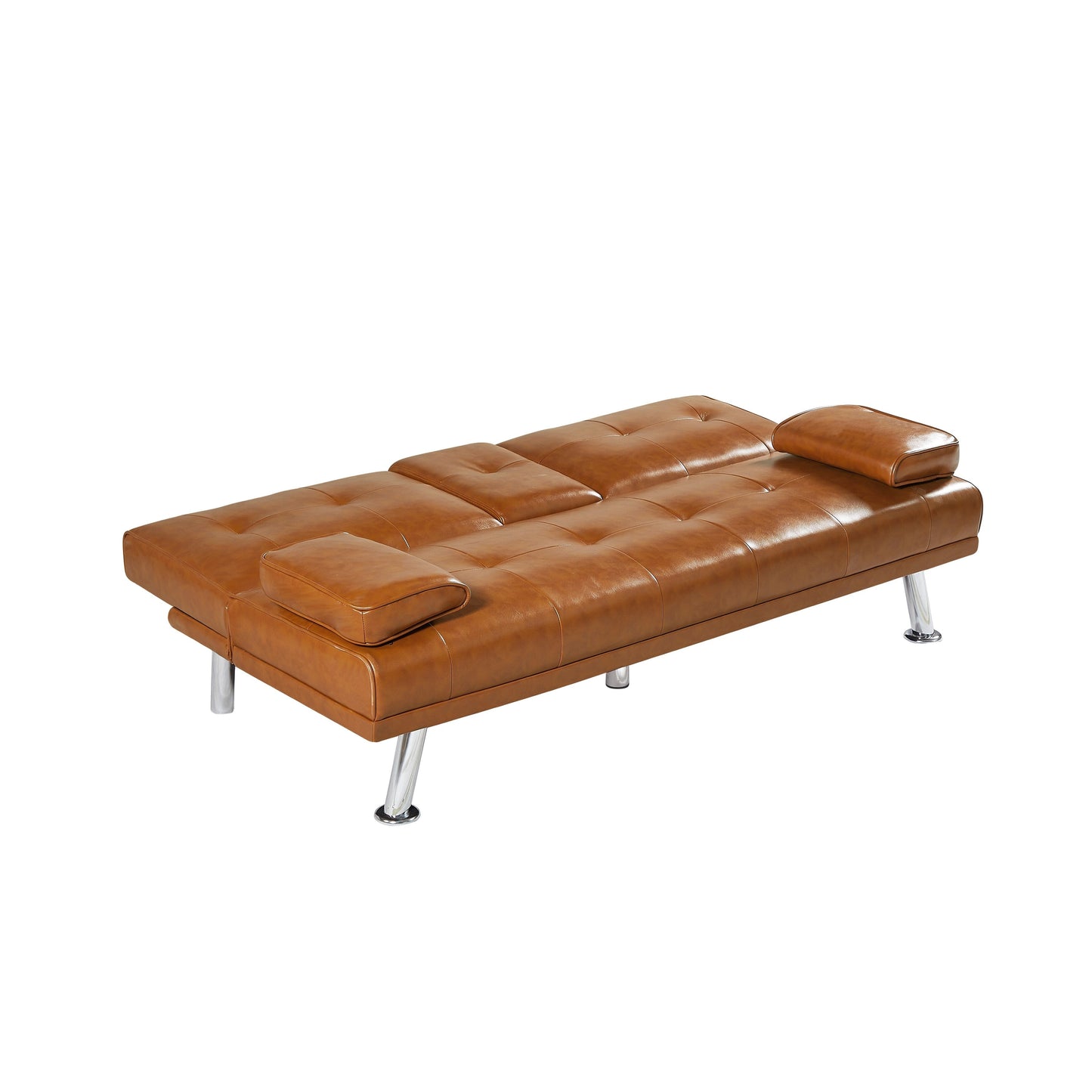 Tan Folding Loveseat Sofa Bed with Metal Legs and Cup Holder