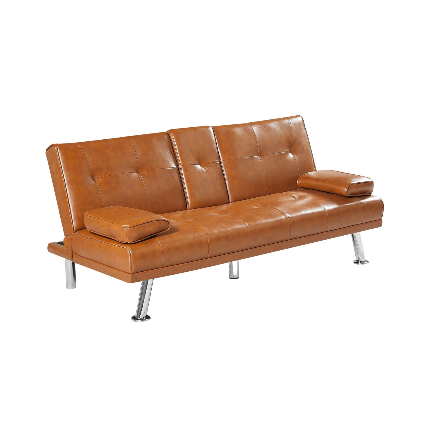 Tan Folding Loveseat Sofa Bed with Metal Legs and Cup Holder