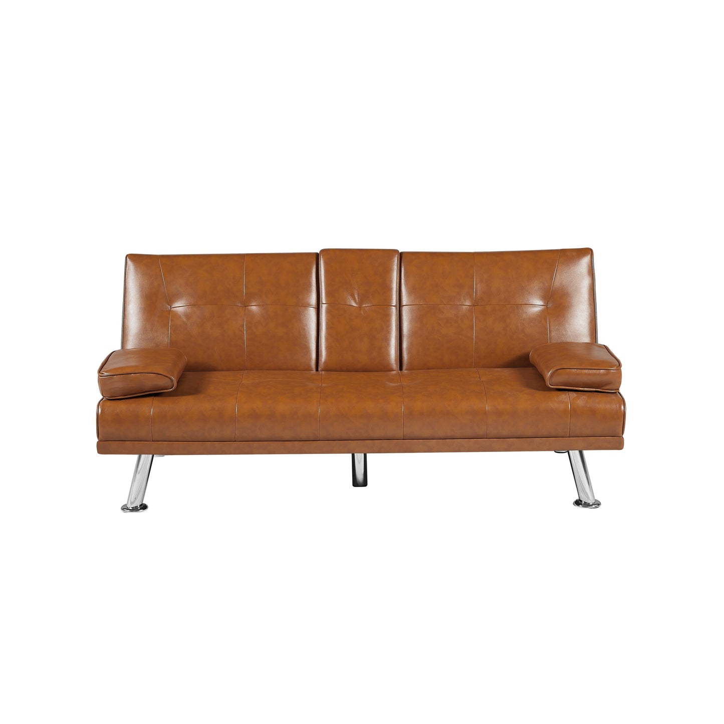 Tan Folding Loveseat Sofa Bed with Metal Legs and Cup Holder
