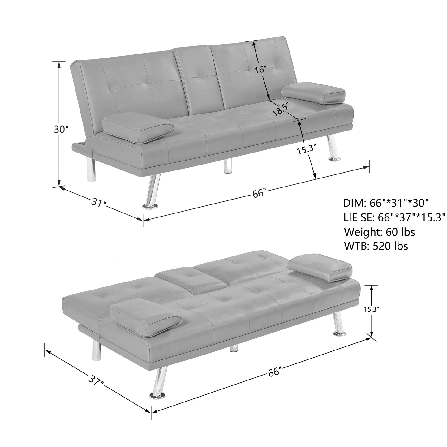 Tan Folding Loveseat Sofa Bed with Metal Legs and Cup Holder