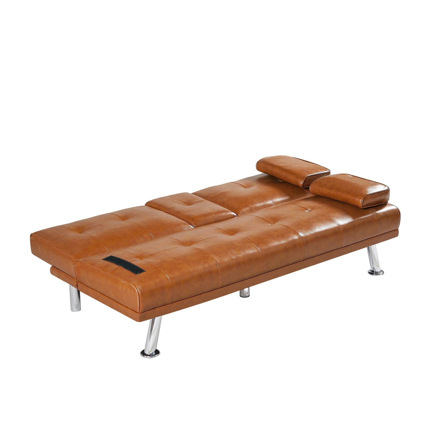 Tan Folding Loveseat Sofa Bed with Metal Legs and Cup Holder