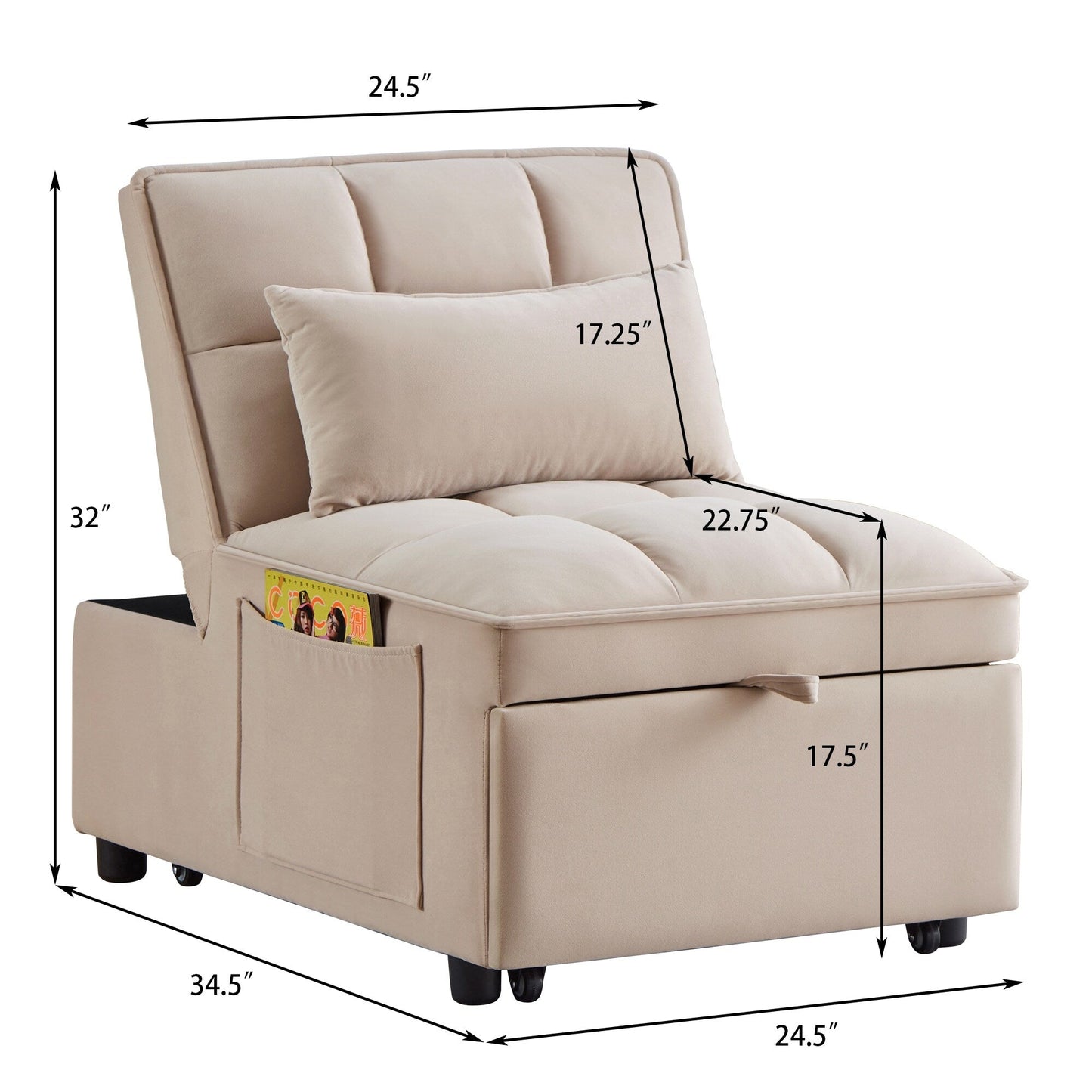 Taupe 68.5 Velvet Single Folding Sofa Bed with Adjustable Backrest and Pillows for Living Room