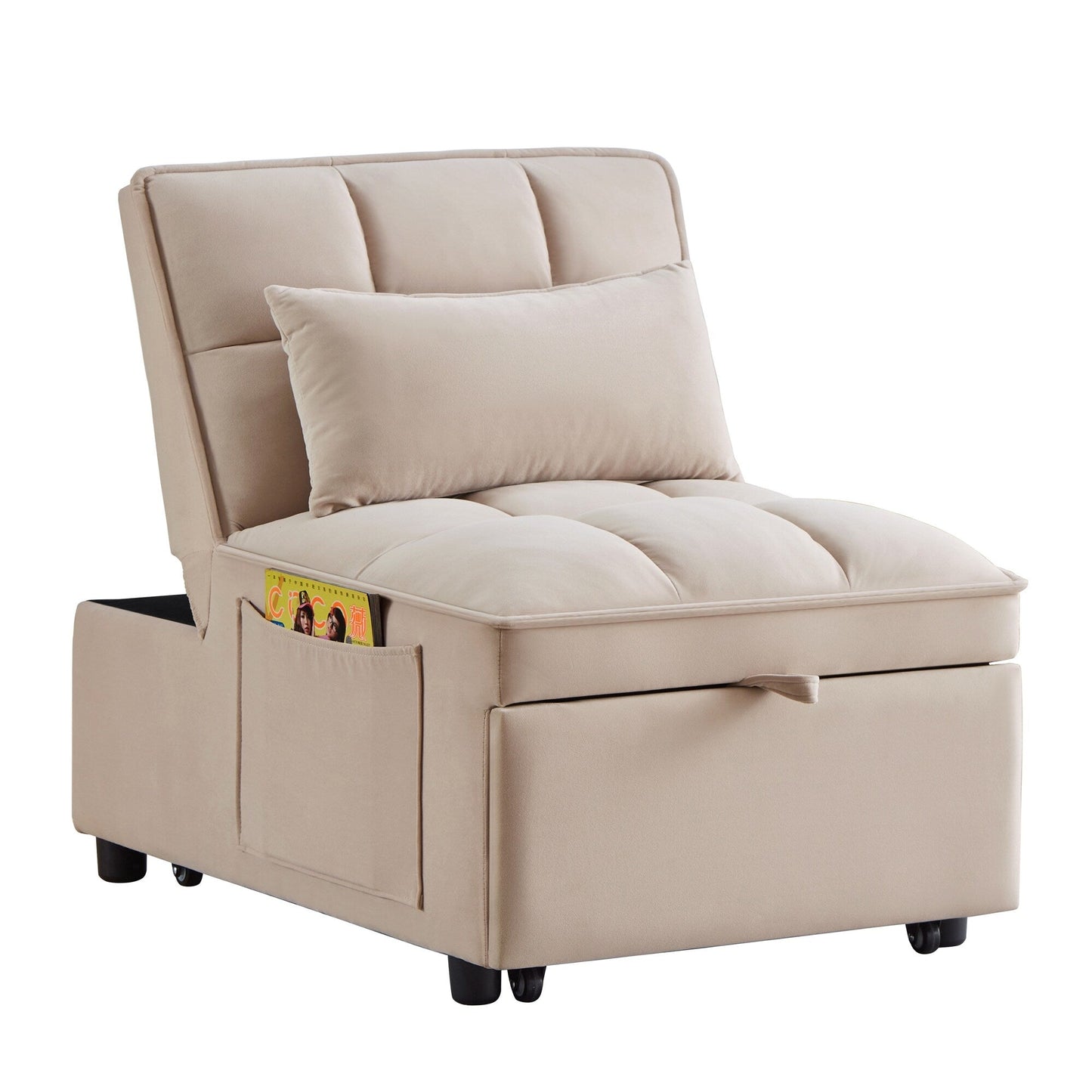 Taupe 68.5 Velvet Single Folding Sofa Bed with Adjustable Backrest and Pillows for Living Room