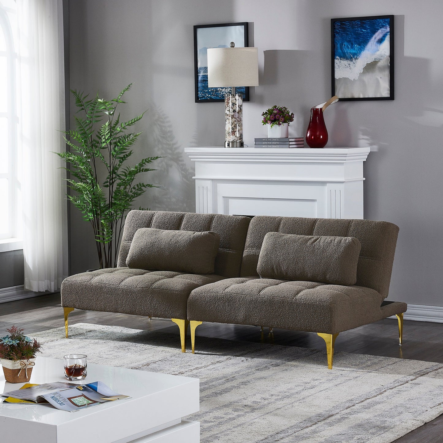 Taupe 80.31 Chenille Loveseat Modular Sofa Bed with Solid Wood Frame for Living Room