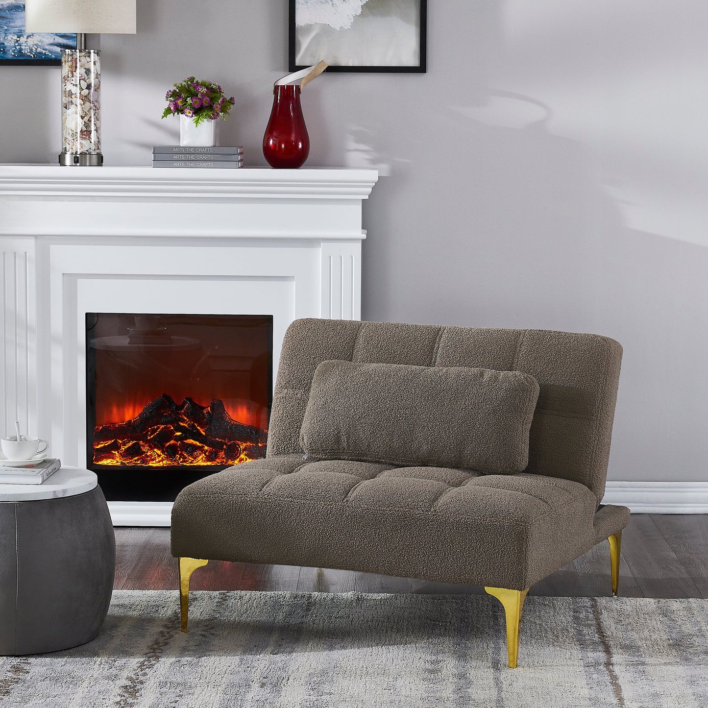 Taupe Chenille Single Modular Sofa Bed with Solid Wood Frame for Living Room