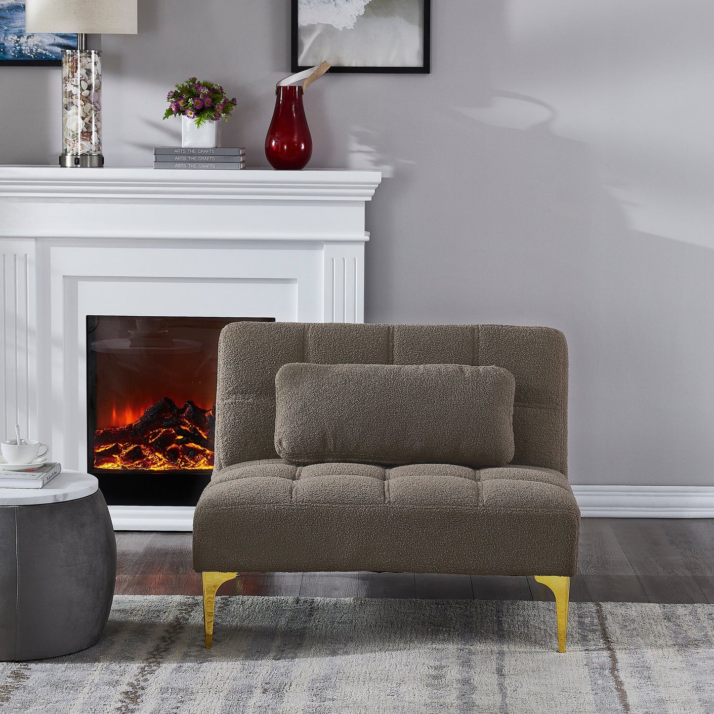 Taupe Chenille Single Modular Sofa Bed with Solid Wood Frame for Living Room
