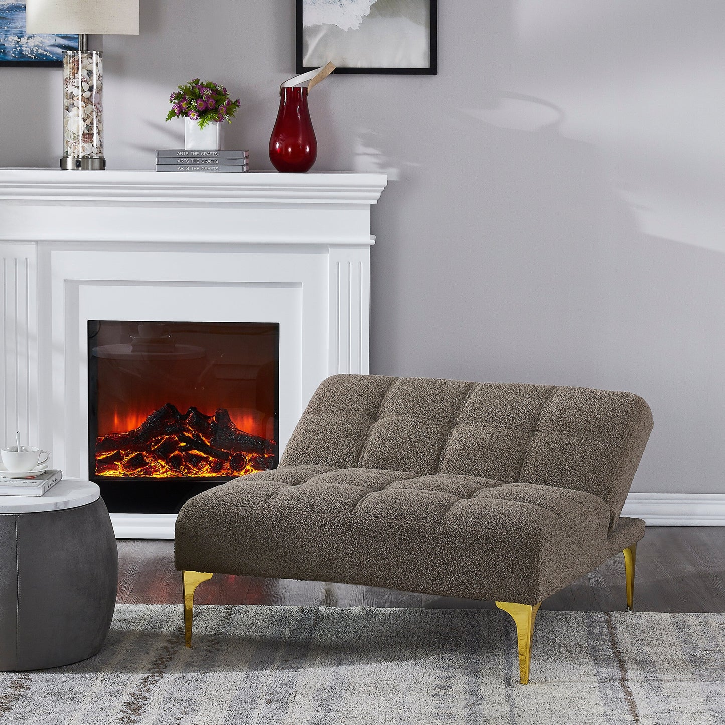 Taupe Chenille Single Modular Sofa Bed with Solid Wood Frame for Living Room