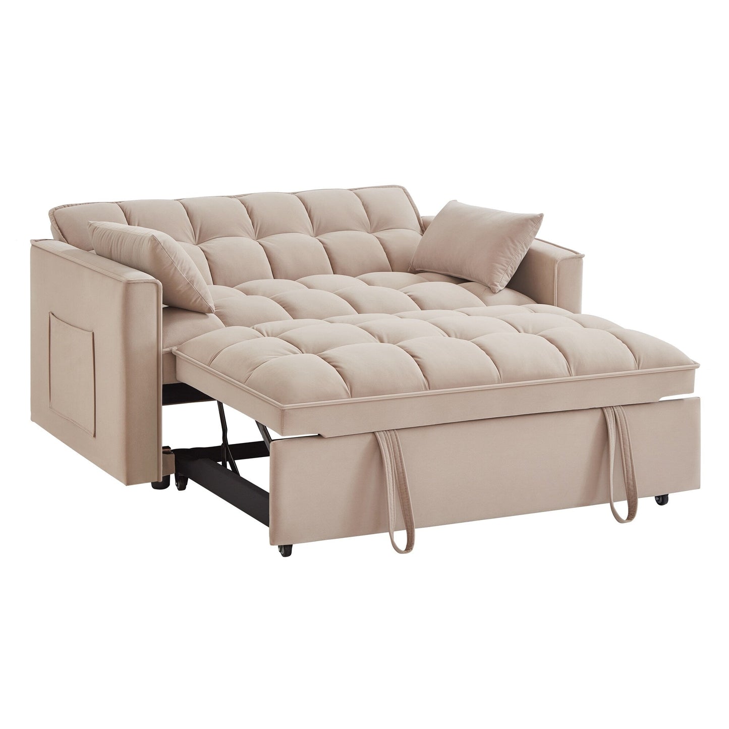 Taupe Modern 52.5 Velvet 4 in1 Loveseat Multi-Function Tufted Pull-Out Sofa Bed with Adjustable Backrest and Pillows