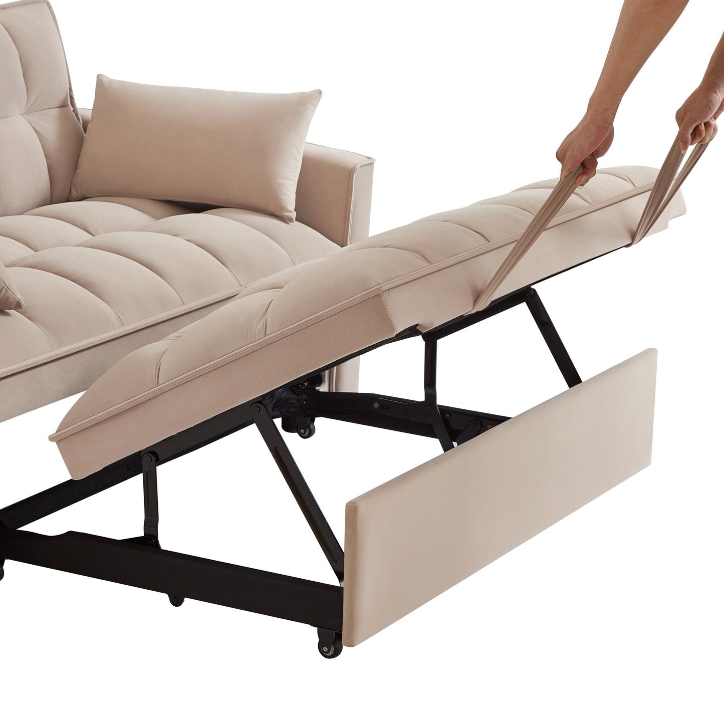 Taupe Modern 52.5 Velvet 4 in1 Loveseat Multi-Function Tufted Pull-Out Sofa Bed with Adjustable Backrest and Pillows