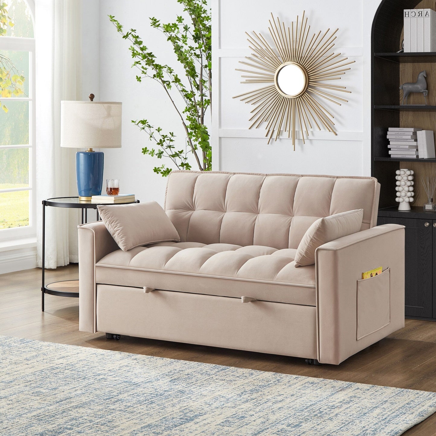 Taupe Modern 52.5 Velvet 4 in1 Loveseat Multi-Function Tufted Pull-Out Sofa Bed with Adjustable Backrest and Pillows