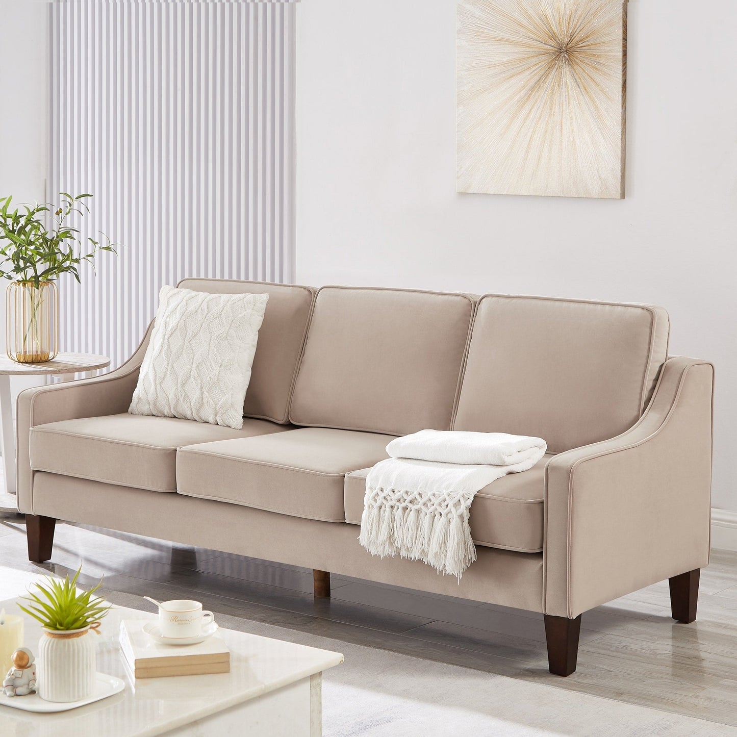 Taupe Modern 74 Velvet 3-seater Upholstered Sofa with Scooped Armrest and Removable Cushions for Living Room