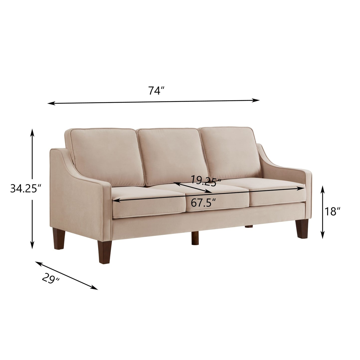 Taupe Modern 74 Velvet 3-seater Upholstered Sofa with Scooped Armrest and Removable Cushions for Living Room