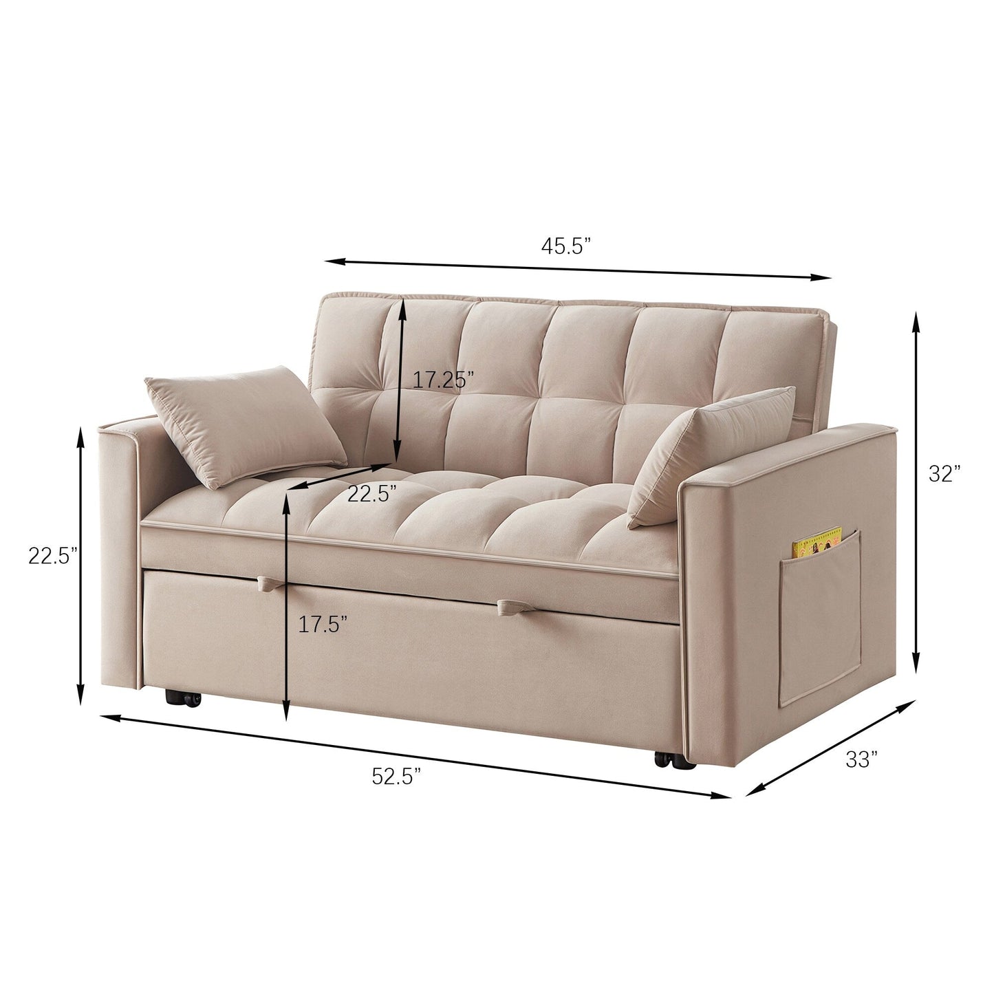 Taupe Velvet 4-in-1 Pull-Out Loveseat Sofa Bed