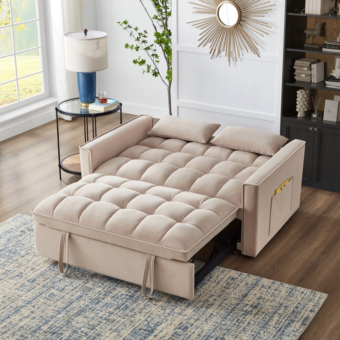 Taupe Velvet 4-in-1 Pull-Out Loveseat Sofa Bed