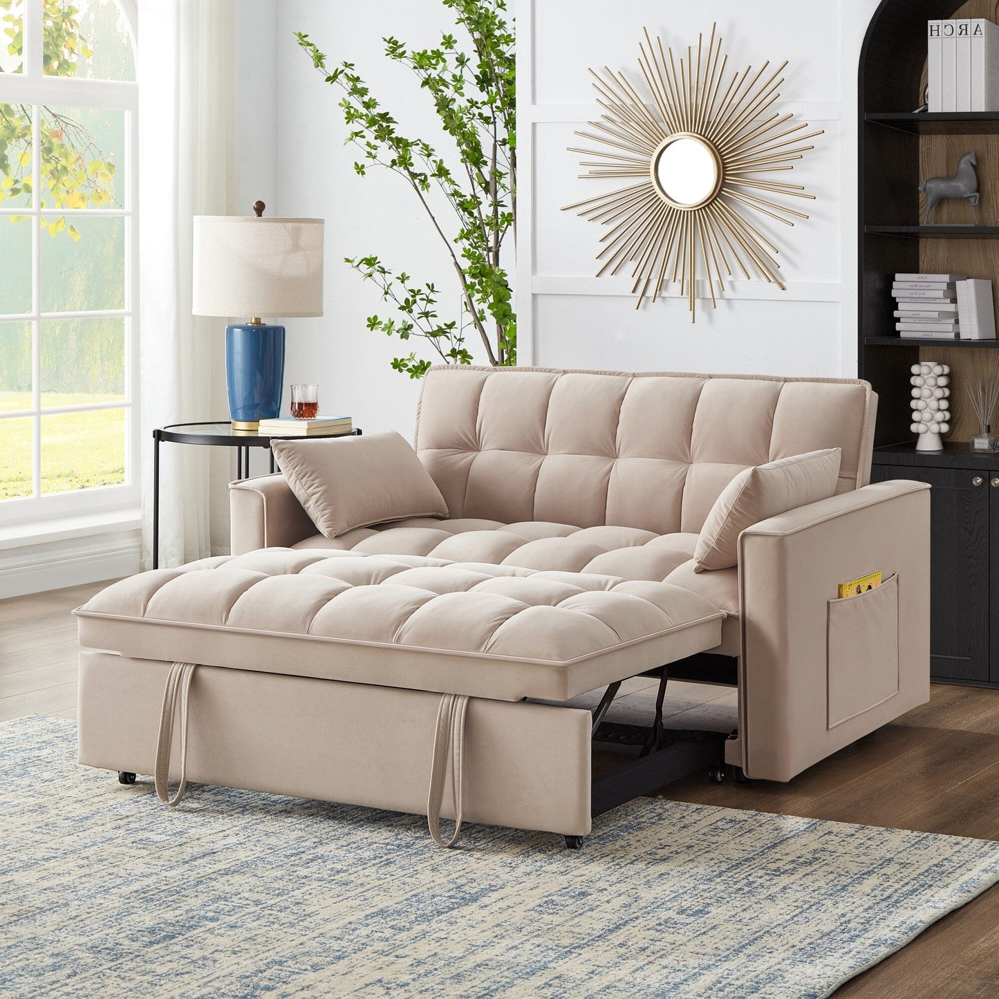 Taupe Velvet 4-in-1 Pull-Out Loveseat Sofa Bed