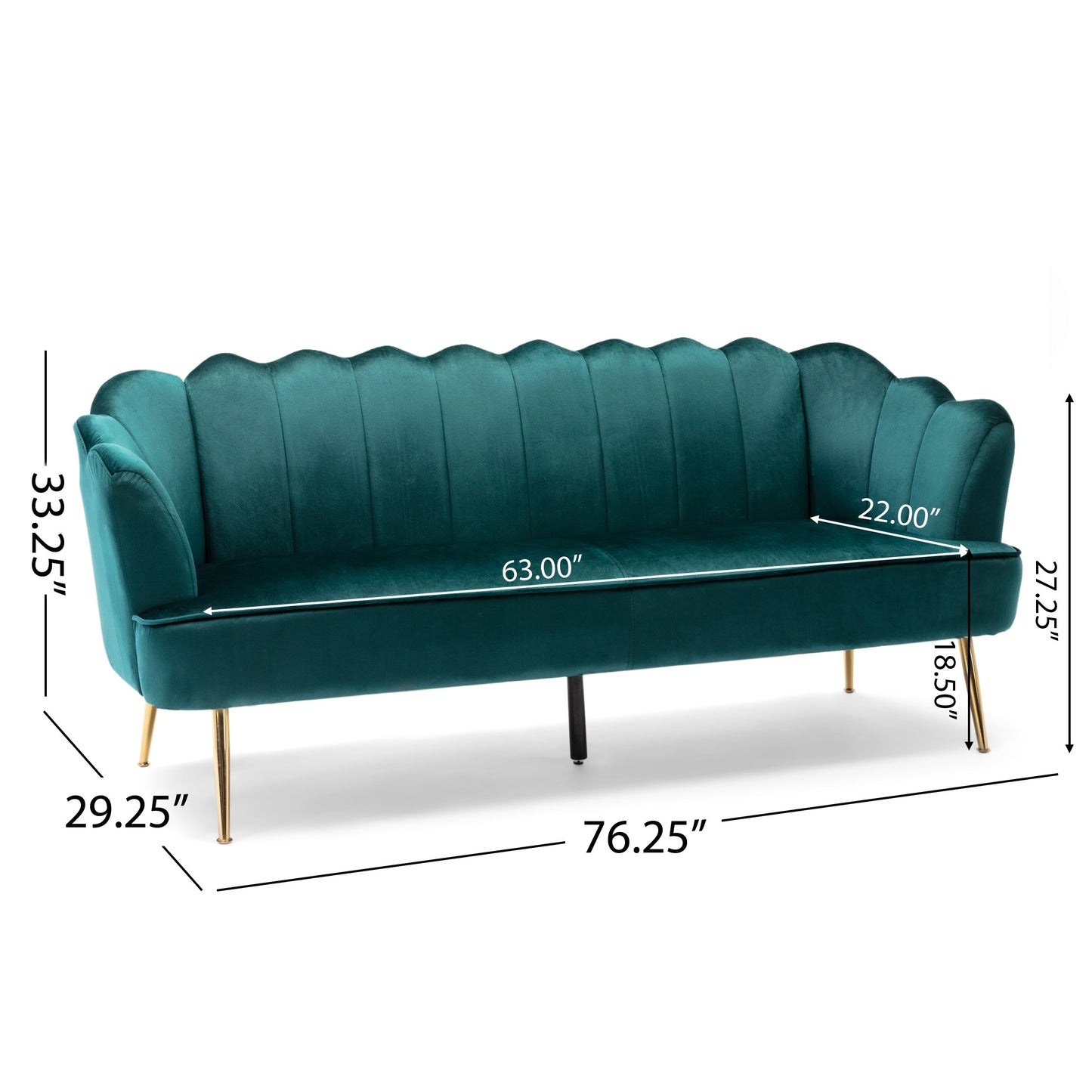 Teal 76.25 Velvet Channel Stitching 3-seater Sofa with Metal Legs for Living Room