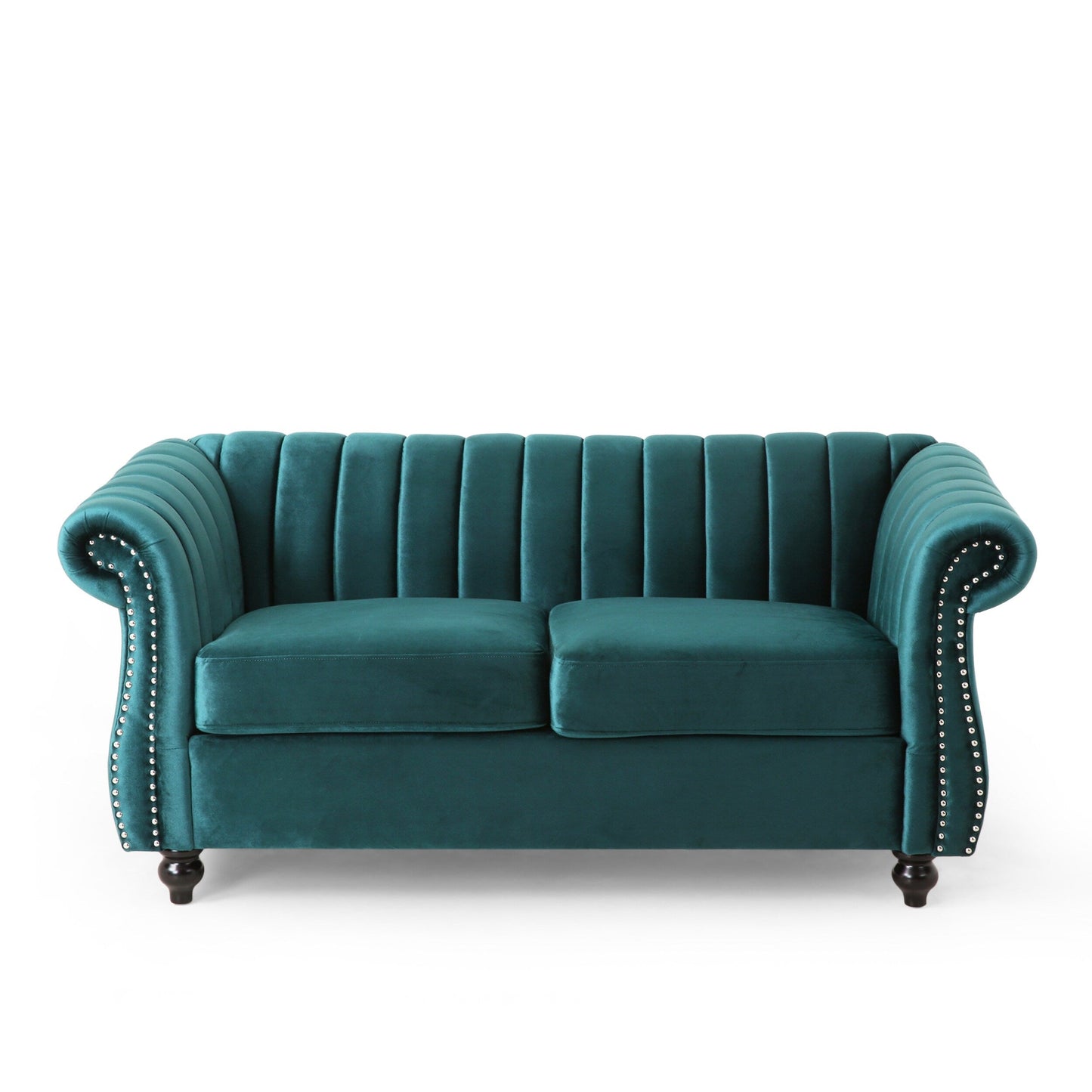 Tealfarbenes Chesterfield-Sofa mit Nagelköpfen und Beinen aus Birkenholz