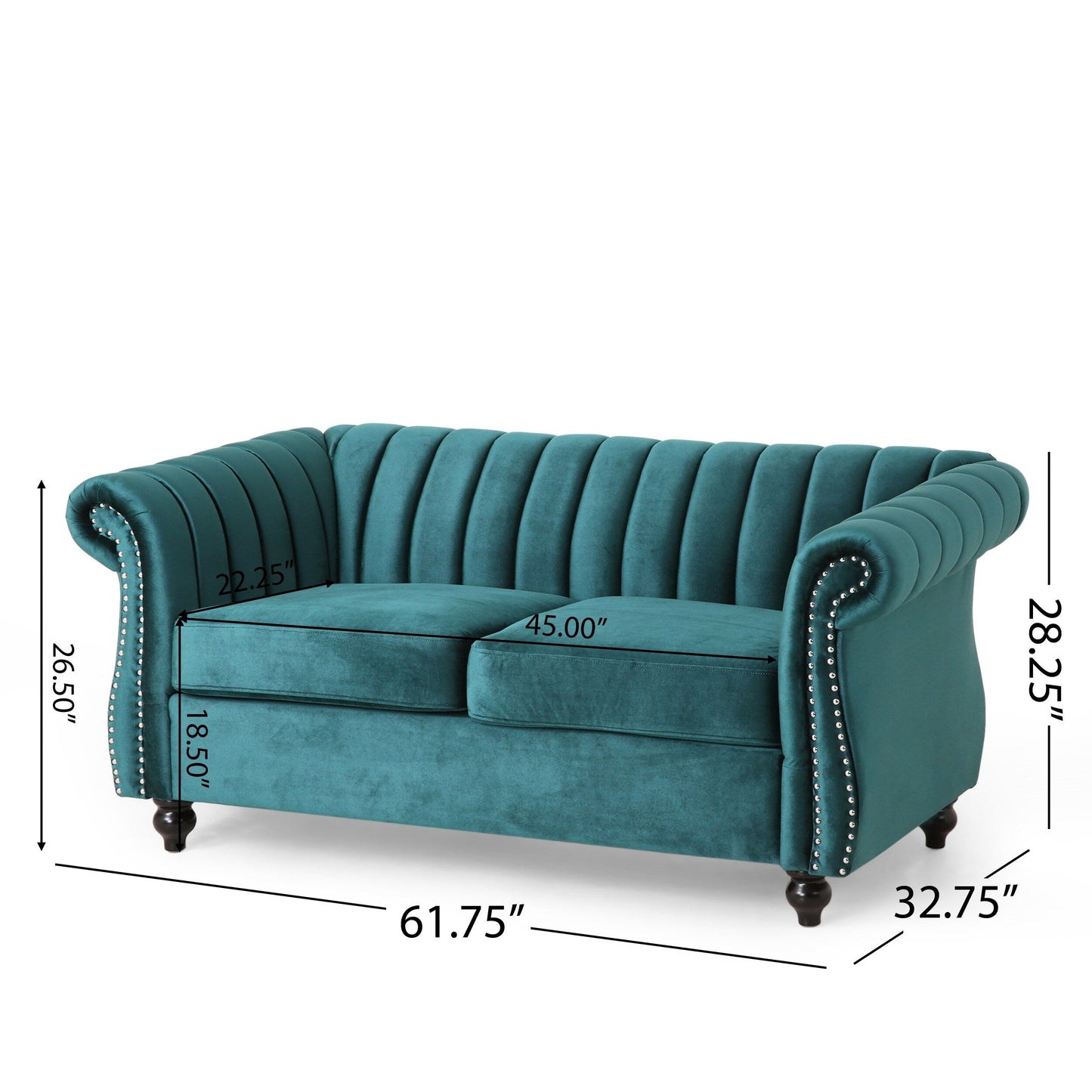 Tealfarbenes Chesterfield-Sofa mit Nagelköpfen und Beinen aus Birkenholz