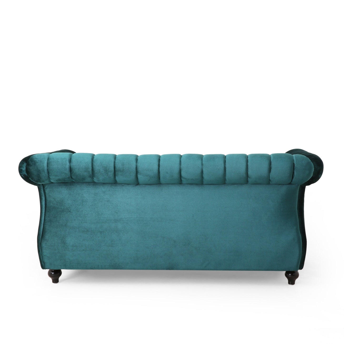 Tealfarbenes Chesterfield-Sofa mit Nagelköpfen und Beinen aus Birkenholz