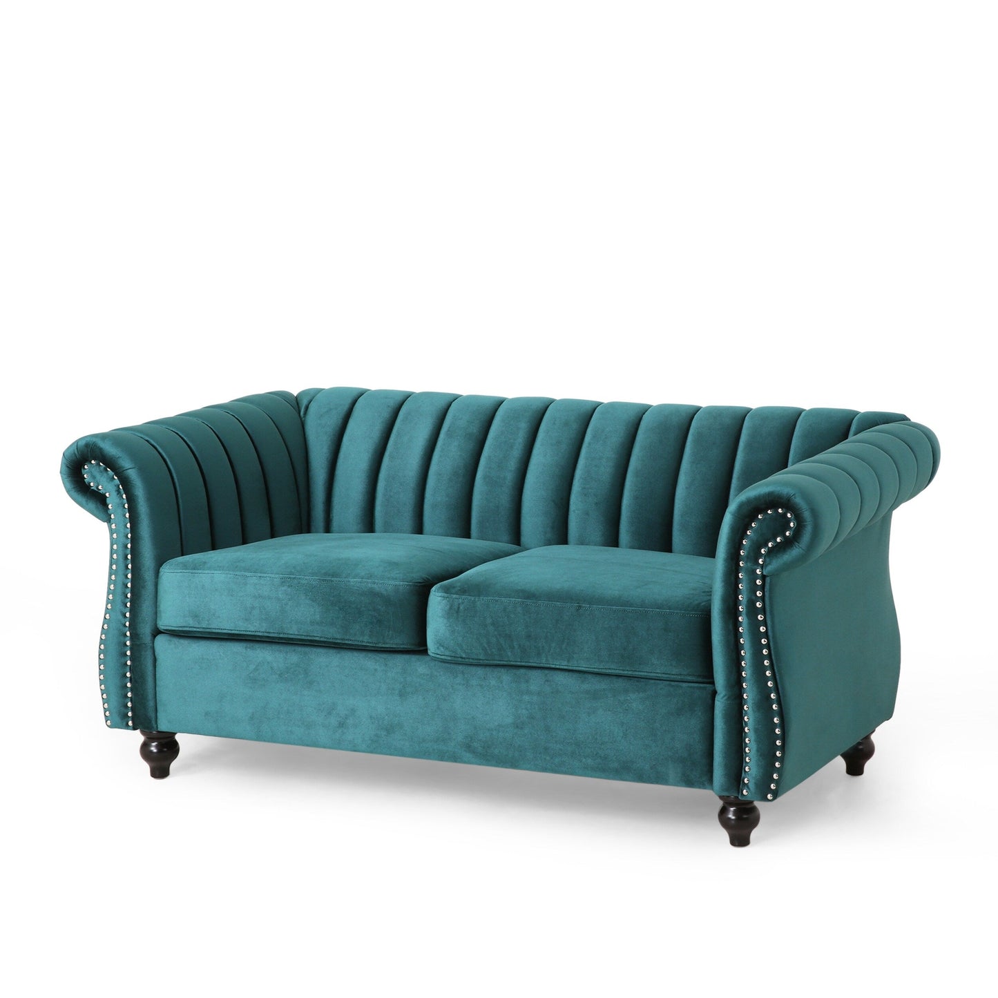 Tealfarbenes Chesterfield-Sofa mit Nagelköpfen und Beinen aus Birkenholz