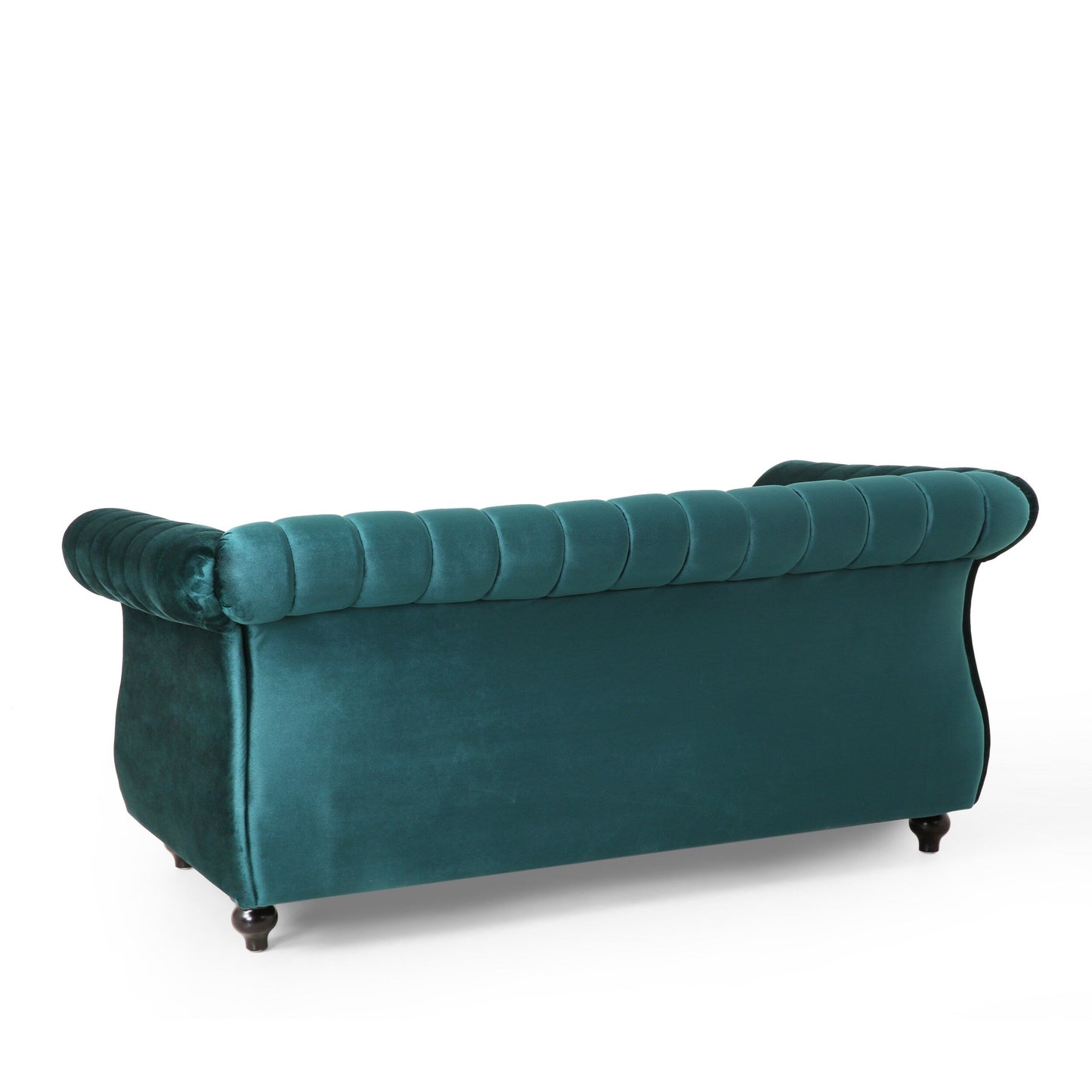 Tealfarbenes Chesterfield-Sofa mit Nagelköpfen und Beinen aus Birkenholz