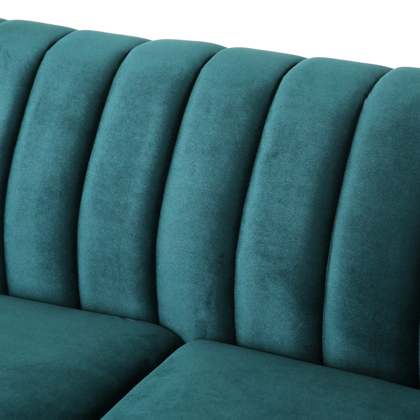Tealfarbenes Chesterfield-Sofa mit Nagelköpfen und Beinen aus Birkenholz