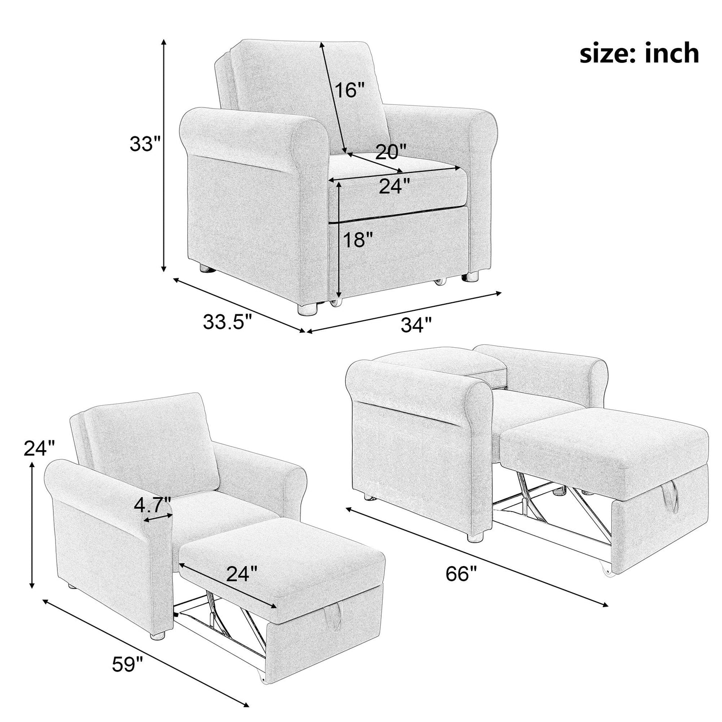Teal Linen Convertible Single Sofa Bed with Adjustable Backrest