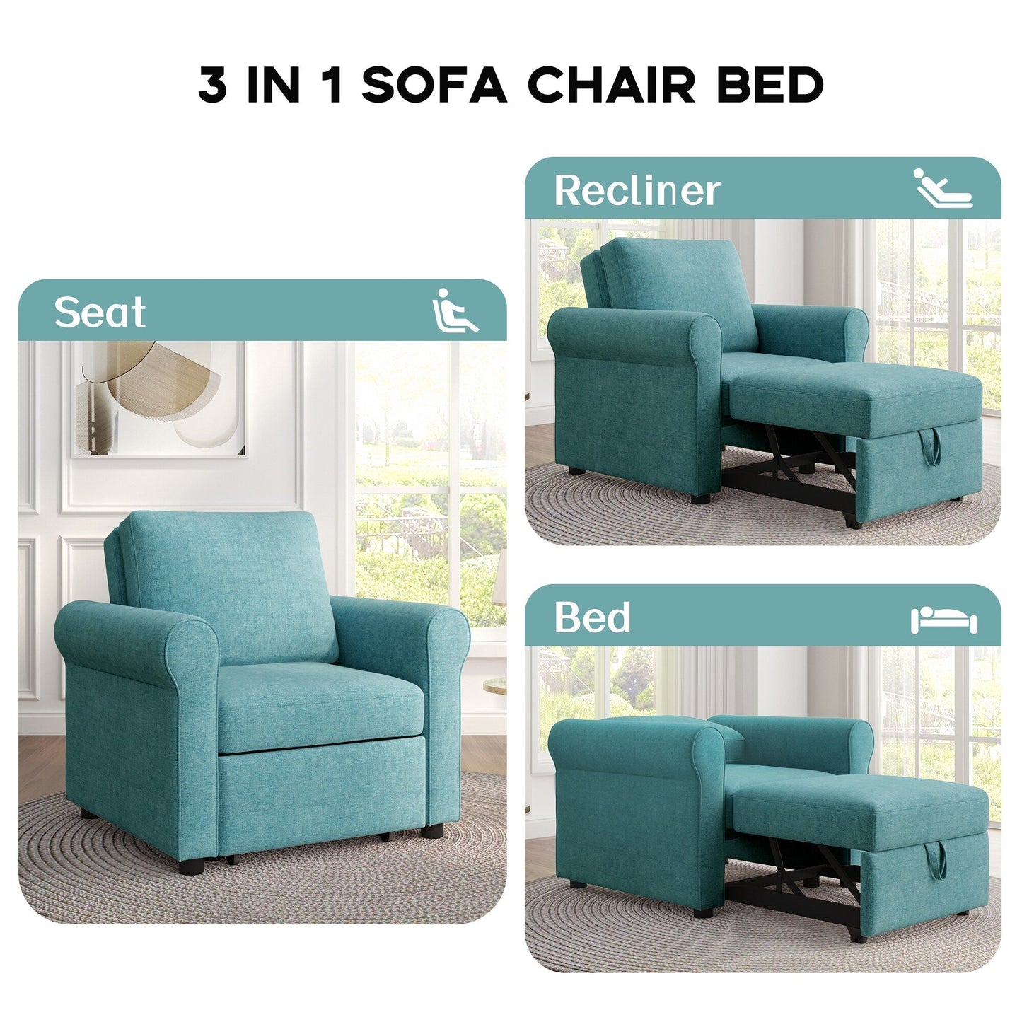 Teal Linen Convertible Single Sofa Bed with Adjustable Backrest