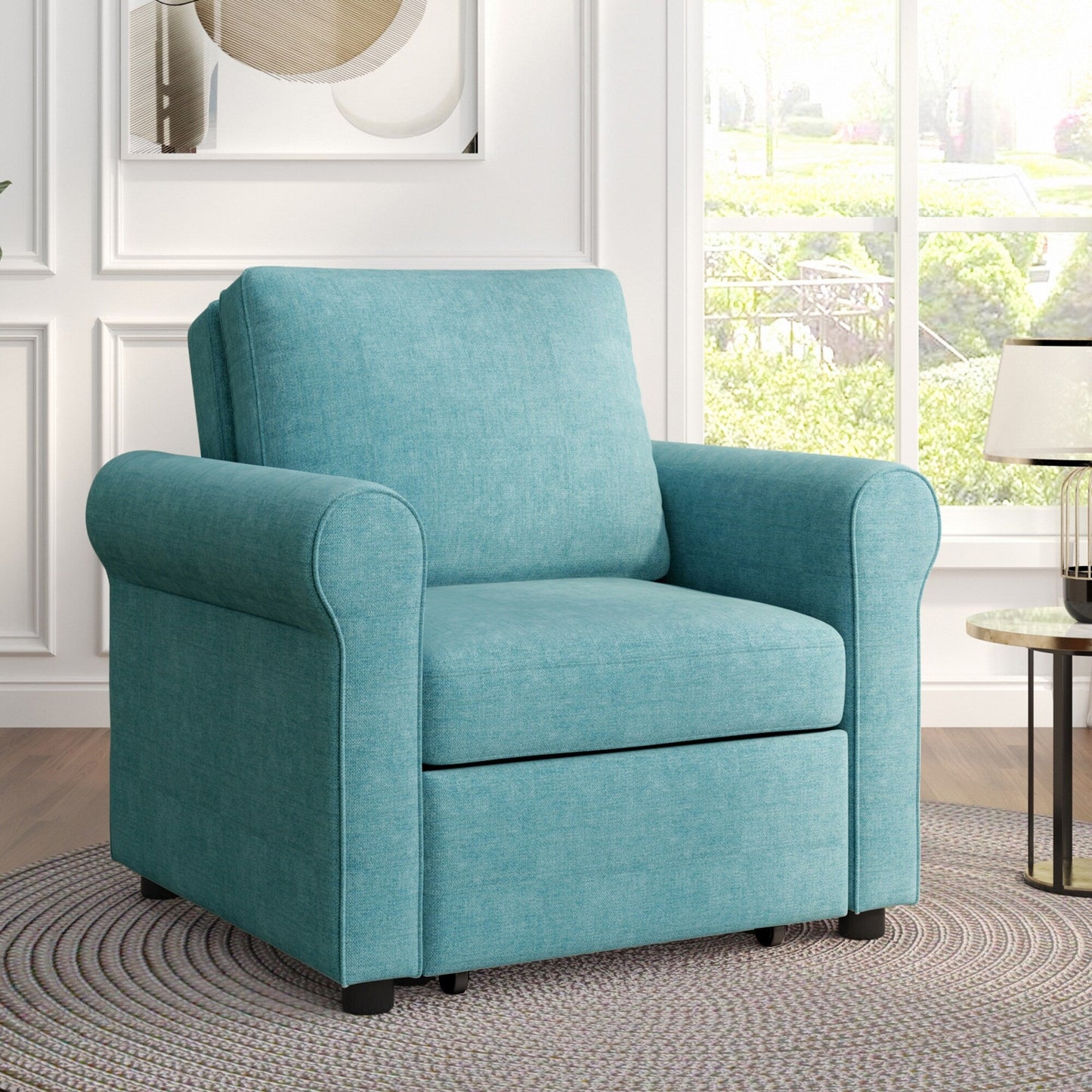 Teal Linen Convertible Single Sofa Bed with Adjustable Backrest