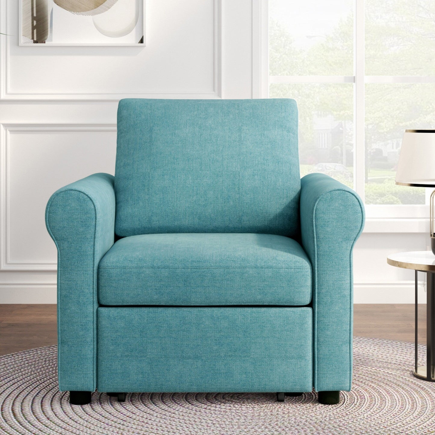Teal Linen Convertible Single Sofa Bed with Adjustable Backrest