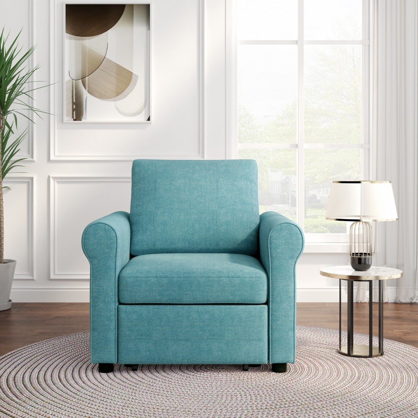 Teal Linen Convertible Single Sofa Bed with Adjustable Backrest