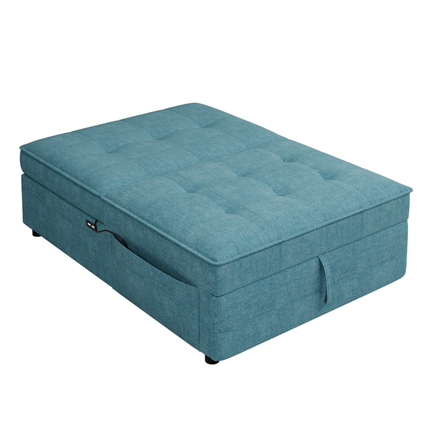 Teal Linen Ottoman Sofa Bed with Storage Pocket and USB Port