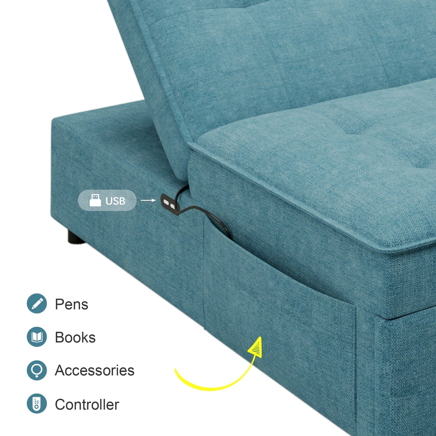 Teal Linen Ottoman Sofa Bed with Storage Pocket and USB Port