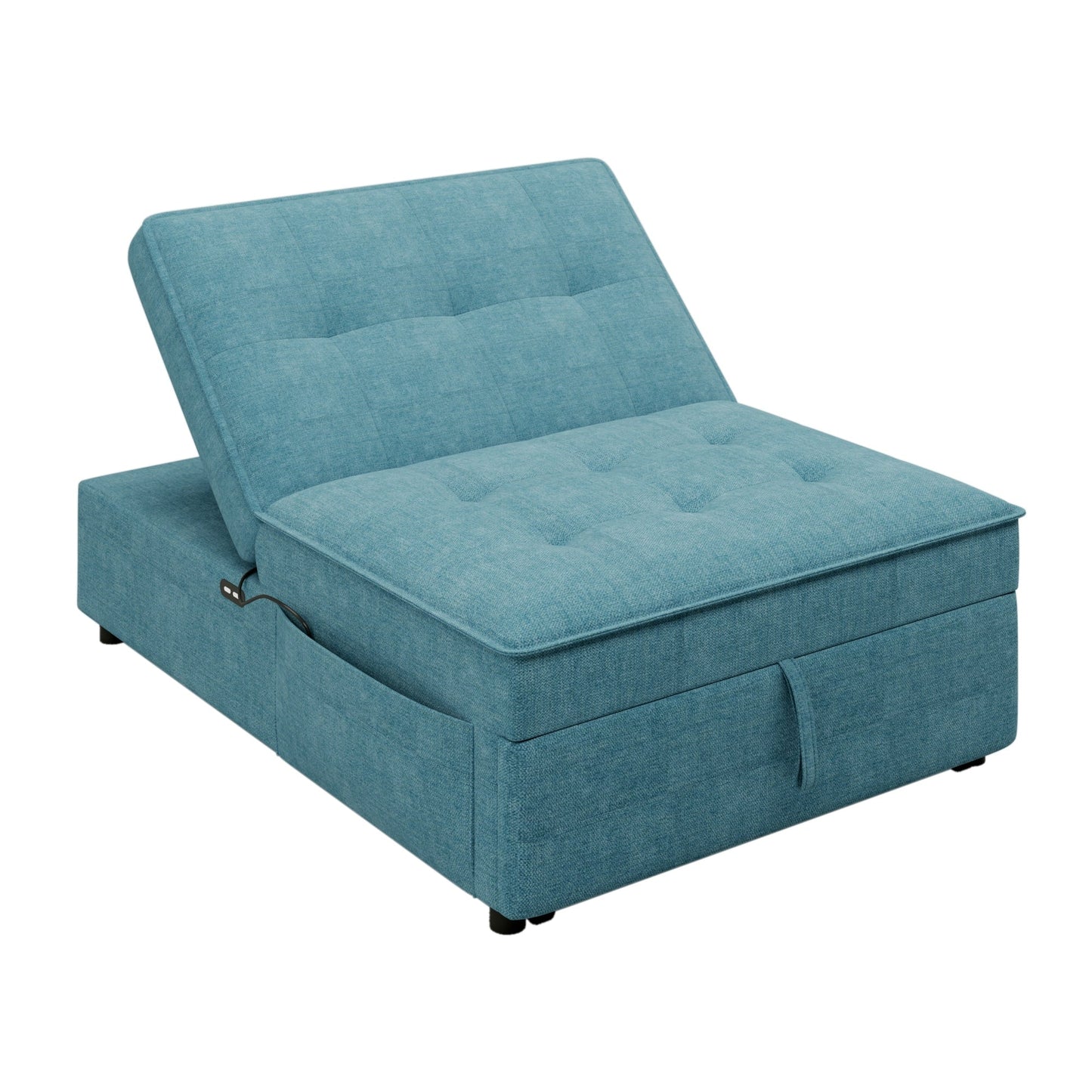 Teal Linen Ottoman Sofa Bed with Storage Pocket and USB Port