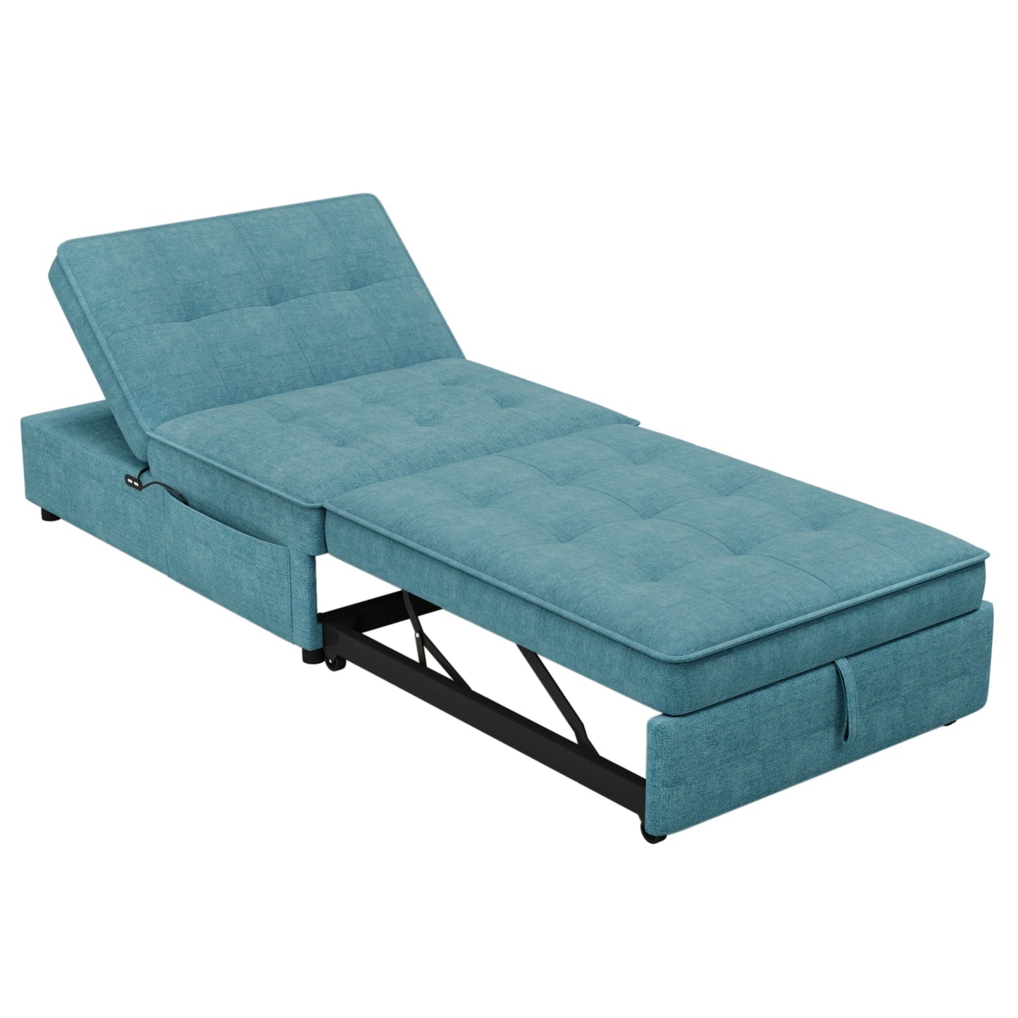 Teal Linen Ottoman Sofa Bed with Storage Pocket and USB Port
