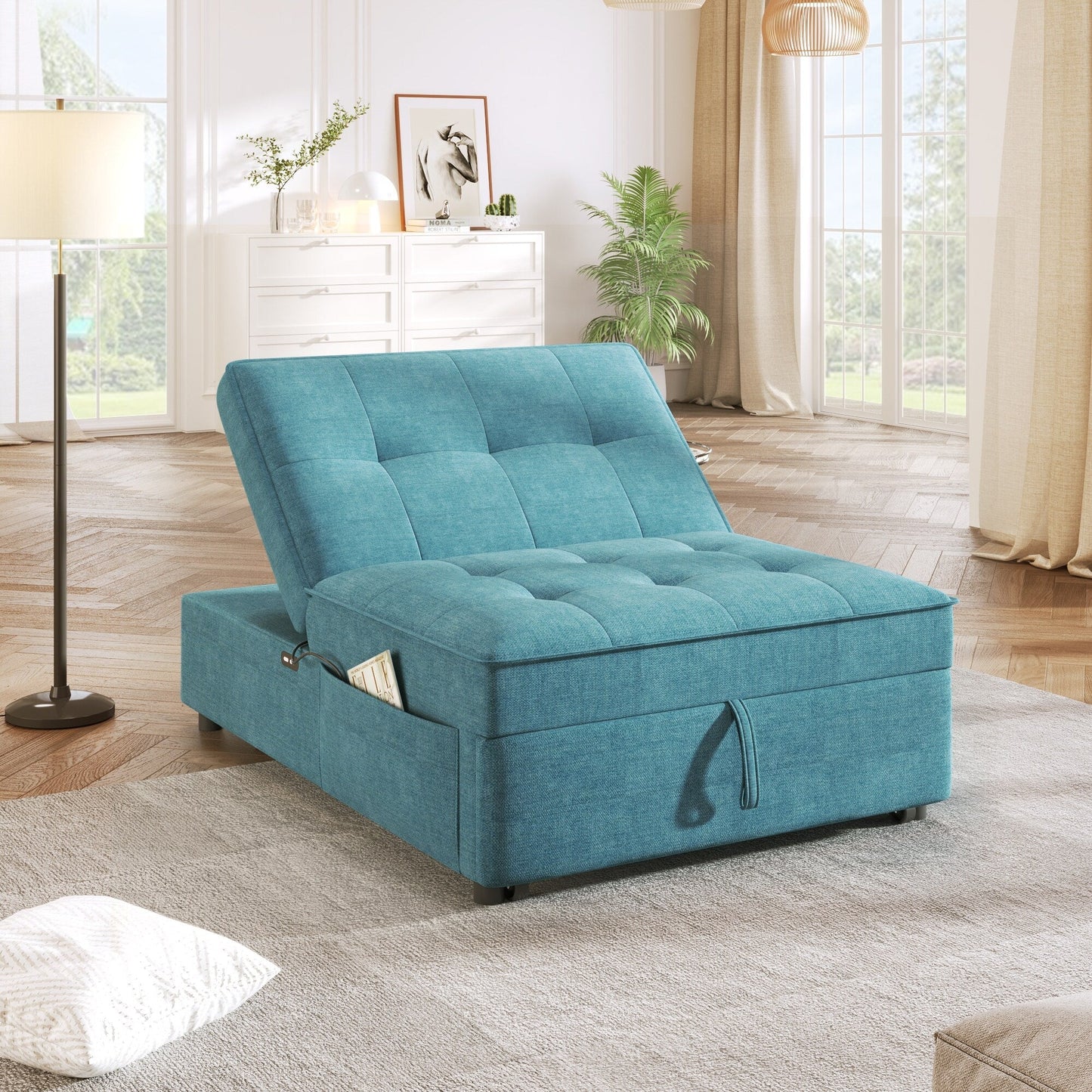 Teal Linen Ottoman Sofa Bed with Storage Pocket and USB Port
