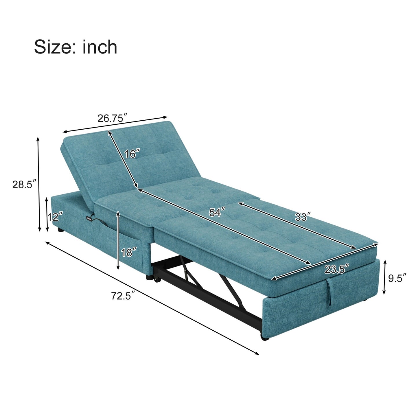 Teal Linen Ottoman Sofa Bed with Storage Pocket and USB Port