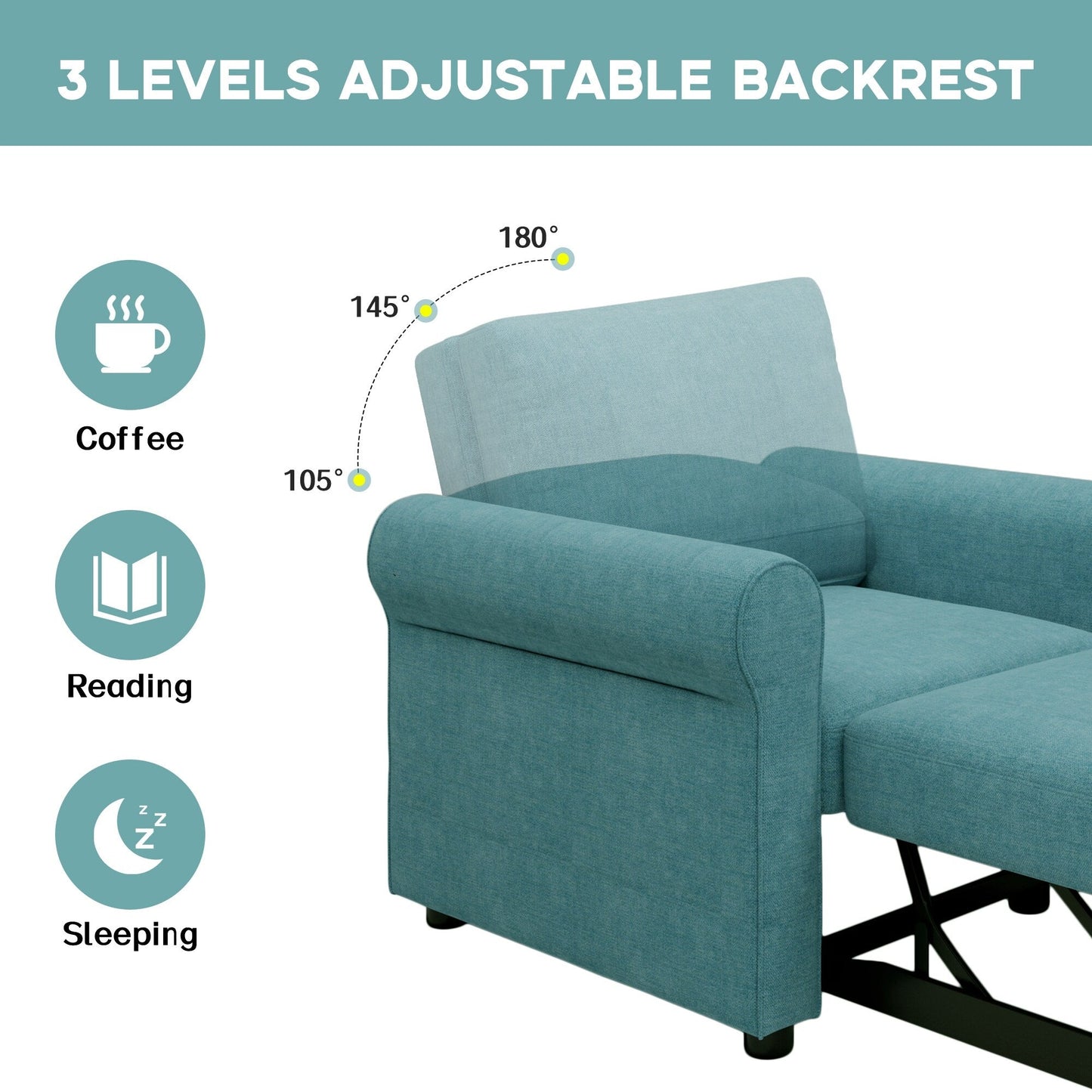 Teal Modern 34 3-in-1 Linen Convertible Single Sofa Bed with Adjust Backrest for Living Room