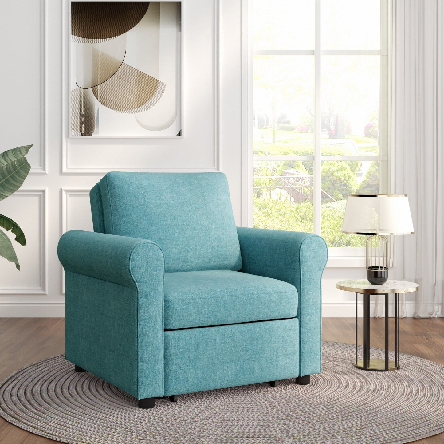 Teal Modern 34 3-in-1 Linen Convertible Single Sofa Bed with Adjust Backrest for Living Room