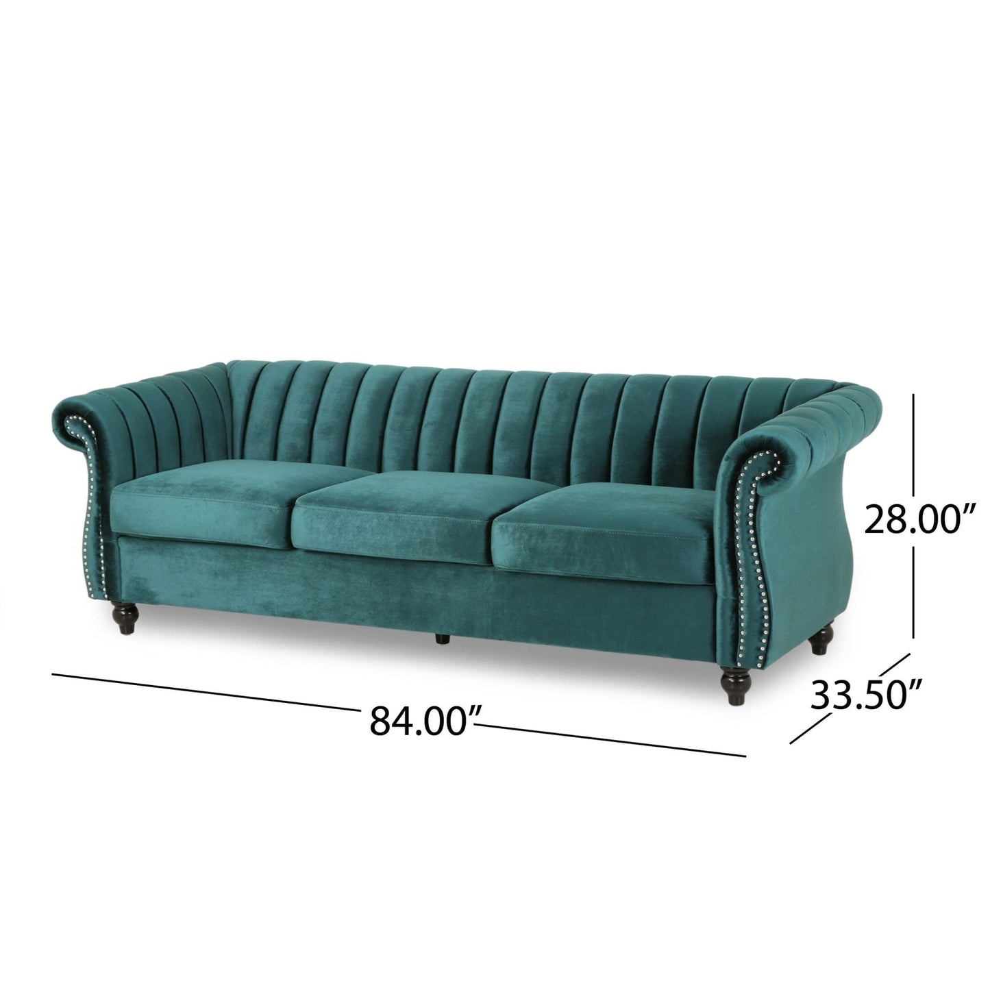 Teal Modern 84 Velvet 3-seater Rolled Arms Button Tufted Sofa with Nailhead Trim and Curved Backrest for Living Room