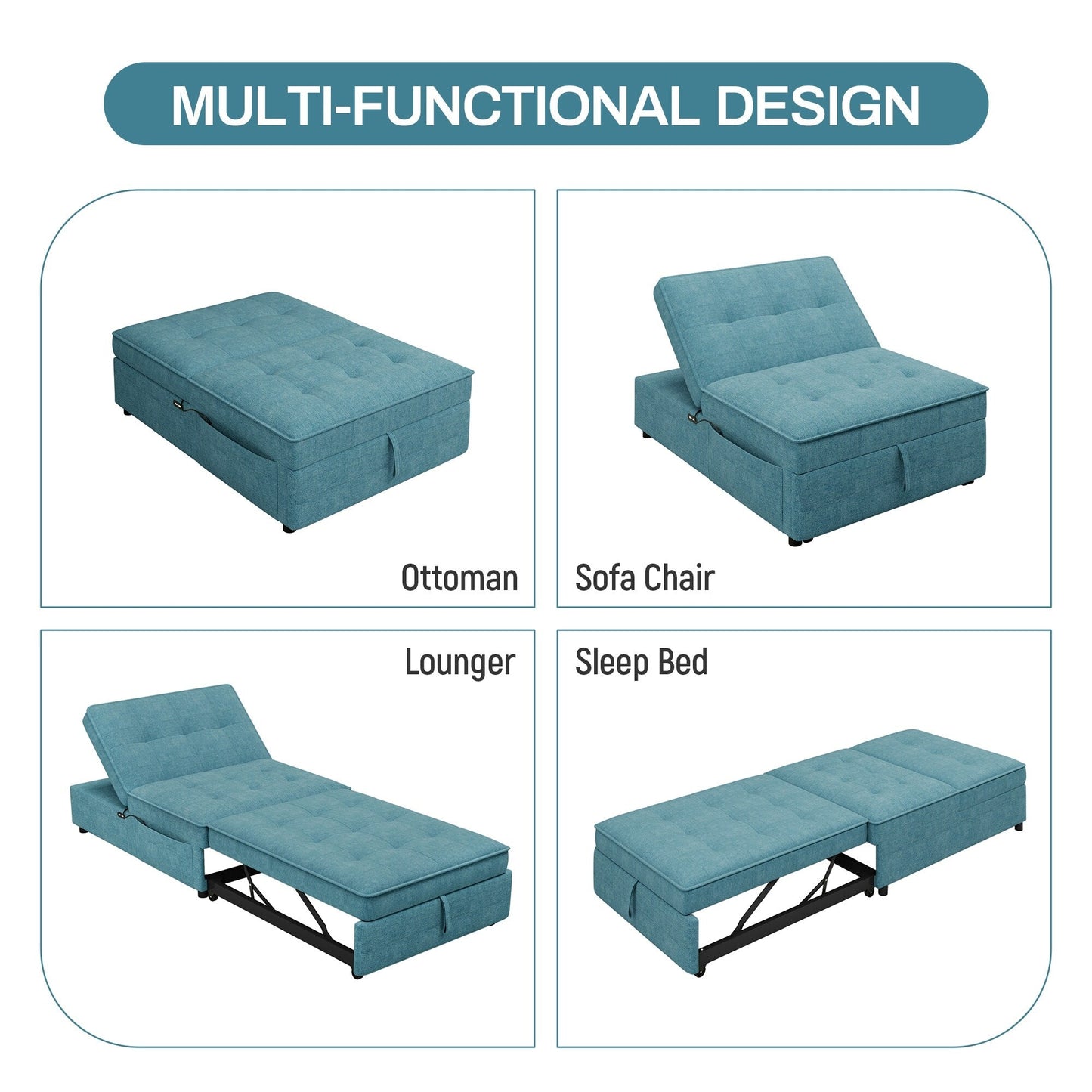 Teal Multi-Function 72.5 4-in-1 Linen Ottoman Sofa Bed with Storage Pocket and USB Port for Living Room