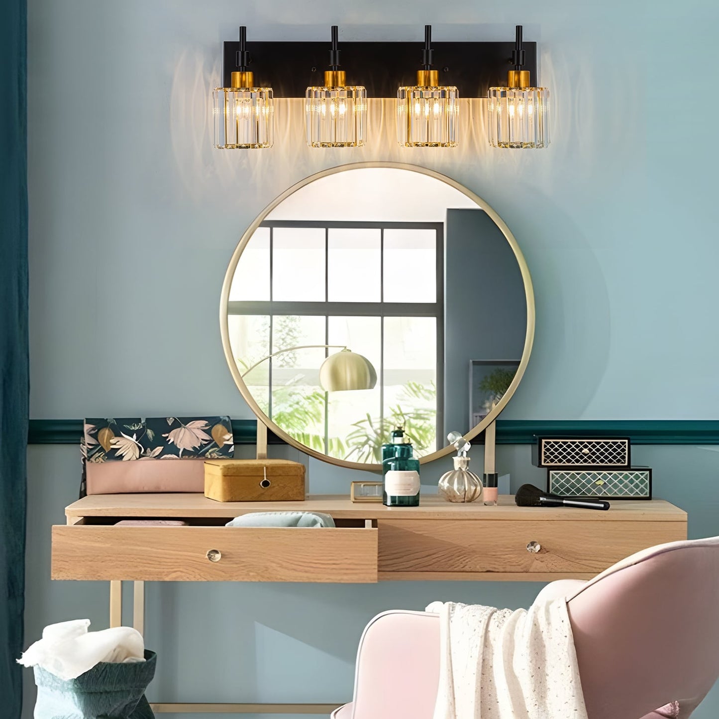 Moderne dimmbare Kristall-Badezimmer-Wandleuchten mit Waschtischleuchten und Kristallschirmen