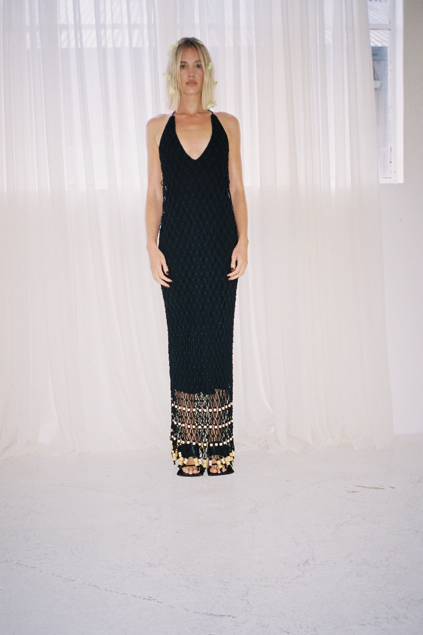 Reis Makramee-Maxikleid - Noir