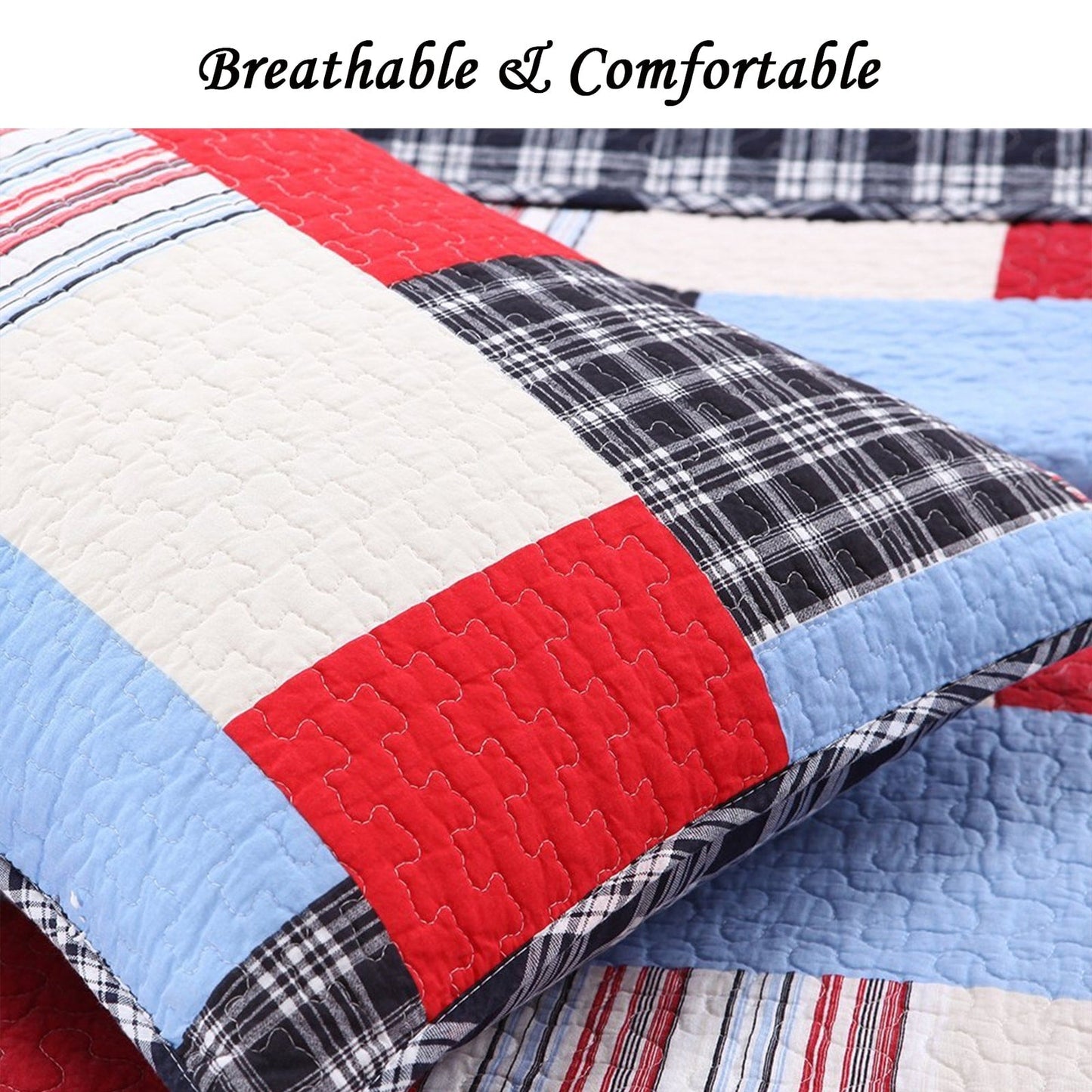 Thomas Firetruck Blau Rot Plaid Patchwork Queen Quilt Bettwäsche Set