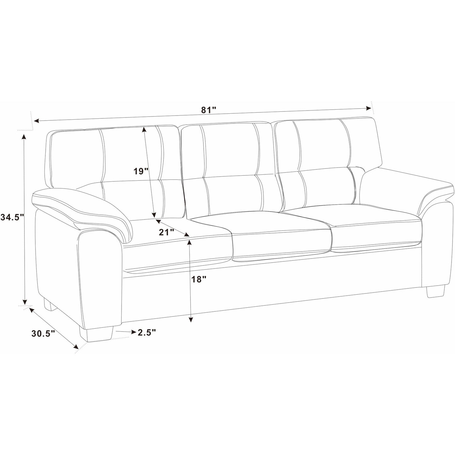 Three-Seat Leather Sofa - 30.5 D x 81 W x 34.5 H