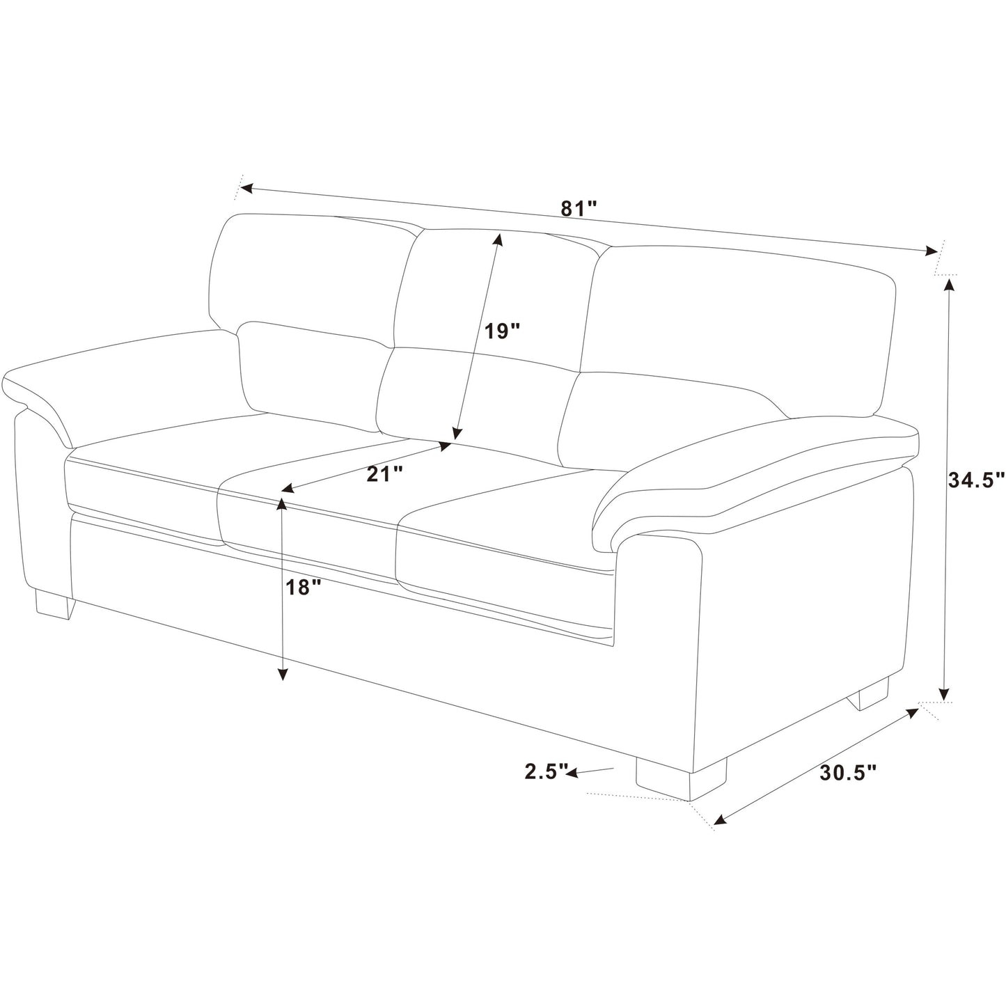 Three-Seat Leather Sofa - 30.5 D x 81 W x 34.5 H