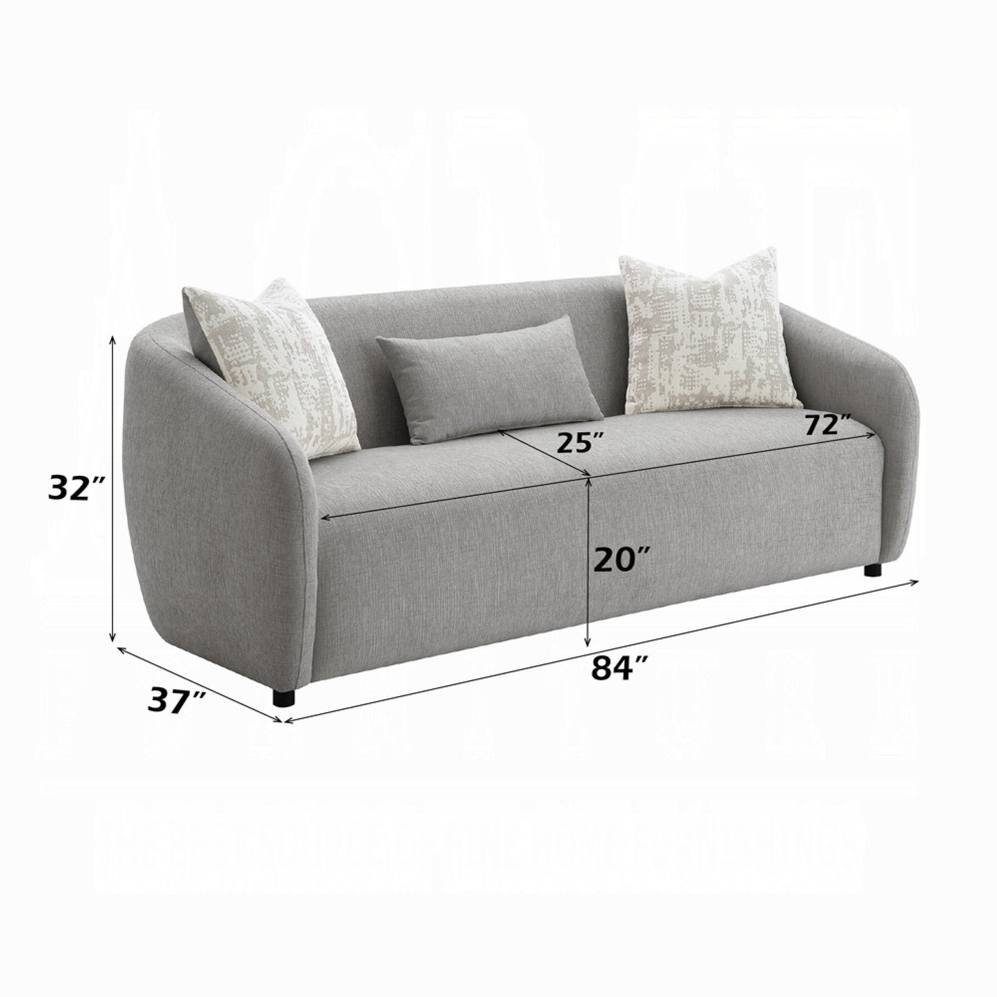 Tiena Sofa, 3 Accent Throw Pillows, Modern Light Gray Linen, 84 Inch
