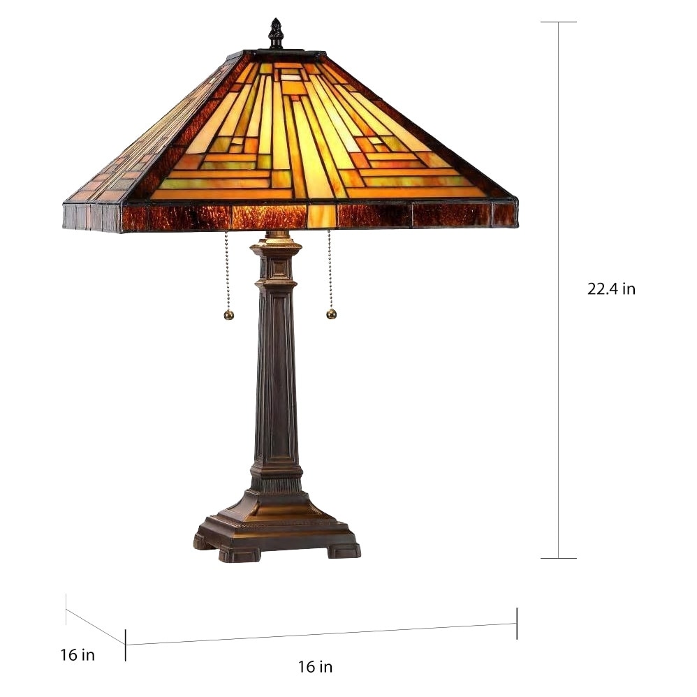 Tischlampe im Mission-Design im Tiffany-Stil mit 2 Lichtern in dunkler Antikbronze